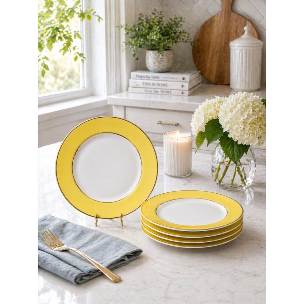 Luxe 6” Porcelain Plates – Set of 4 – White, Yellow Rim w/ Gold Trim – New